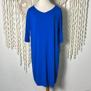 Eileen Fisher Bright Blue Quarter Sleeve Viscose Blend Jersey Knit Dress Large